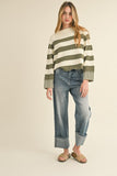 Striped Cotton Sweater in Olive/Cream