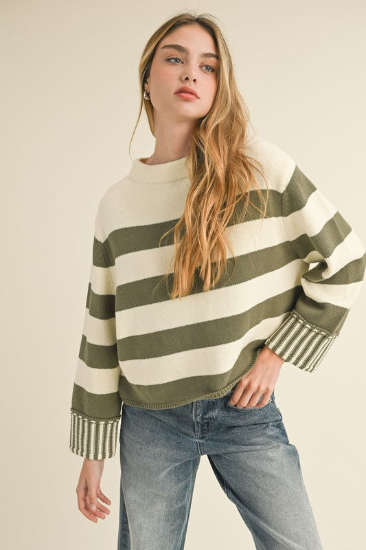 Striped Cotton Sweater in Olive/Cream