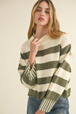 Striped Cotton Sweater in Olive/Cream