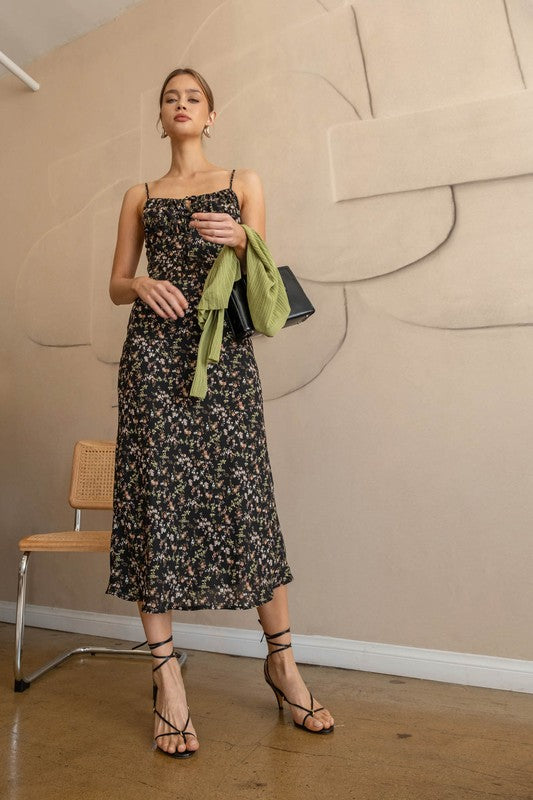 She's All That Floral Midi Dress in Black