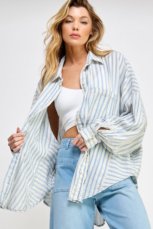 Coastal Striped Button Down Shirt in Natural/Blue