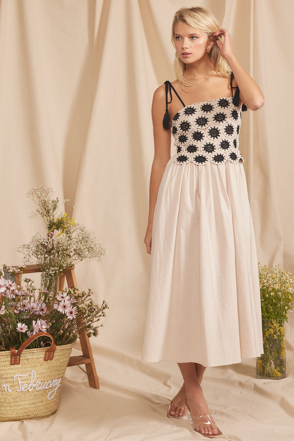La Jolla Crochet Midi Dress in Natural/Black