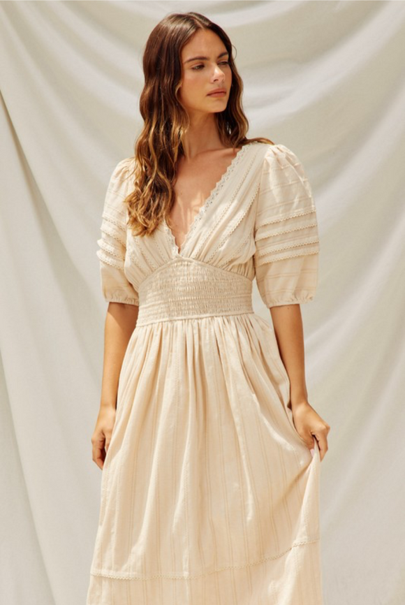 Lacy Cotton Midi Dress in Natural