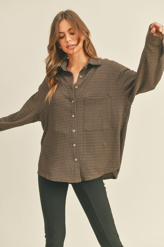 Crinkle Button Down Shirt in Espresso
