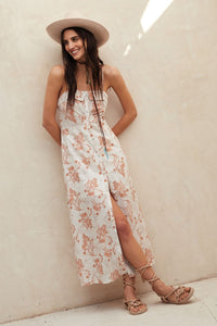 Floral Sweetheart Midi Dress in Natural Rust